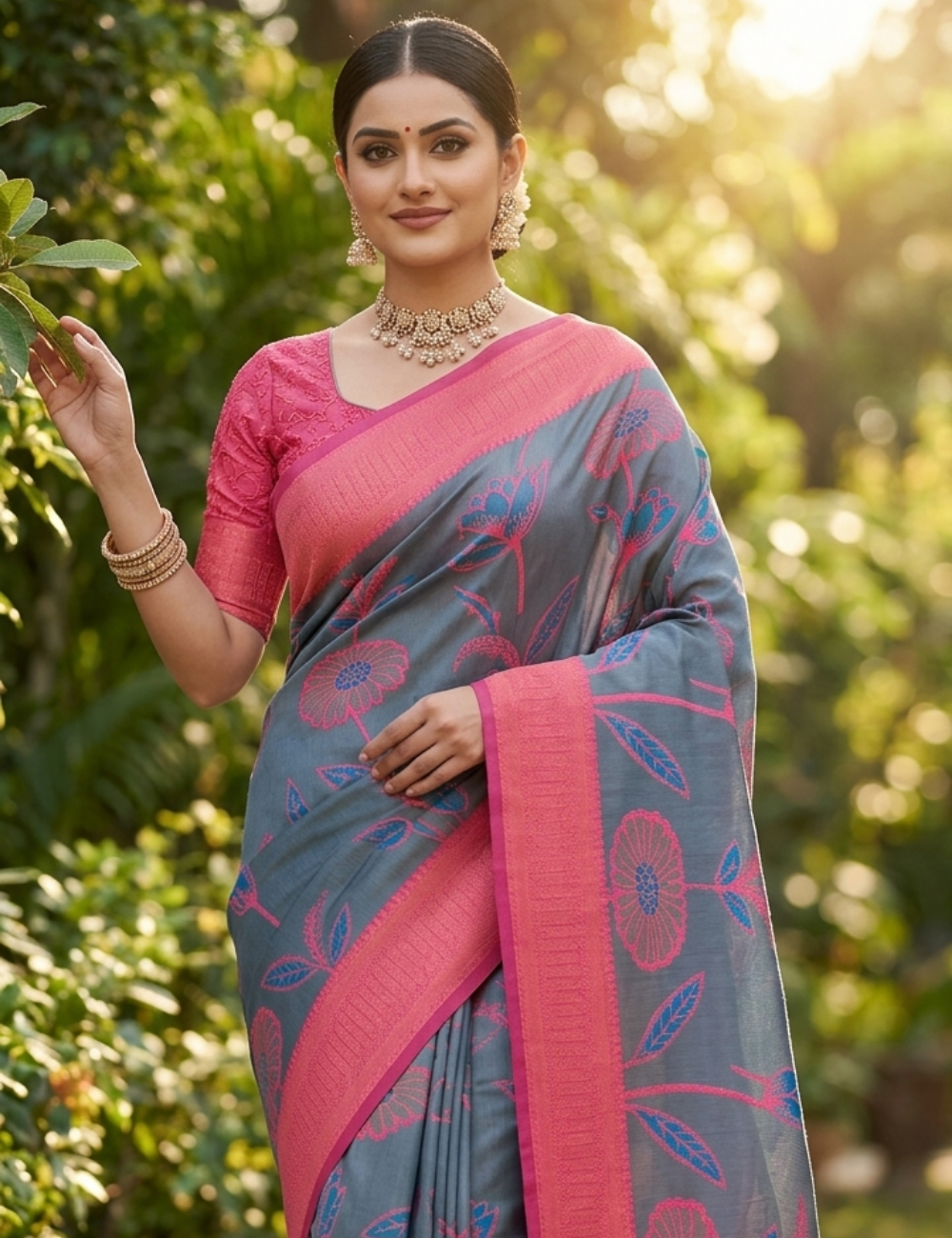 Maroon Saree with Blue Floral Design and Border