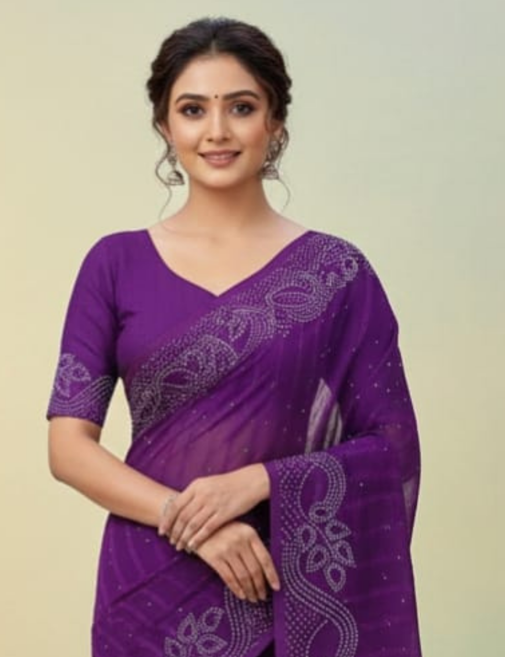 Purple Saree with White Bead Leaf Embroidery