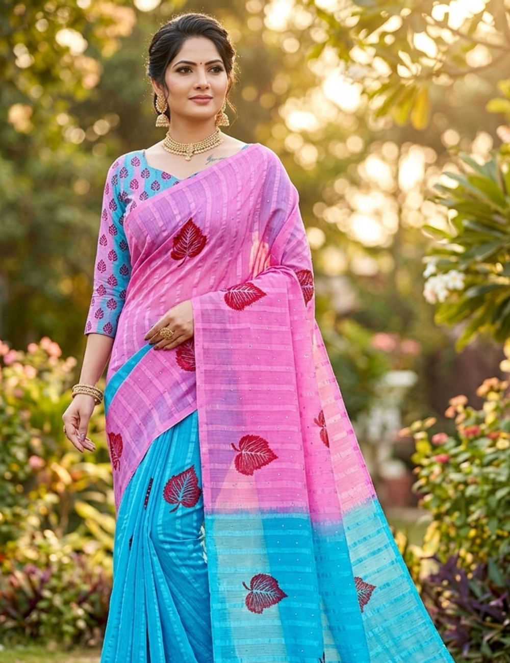 Pink and Blue dual-tone saree with leaf motifs
