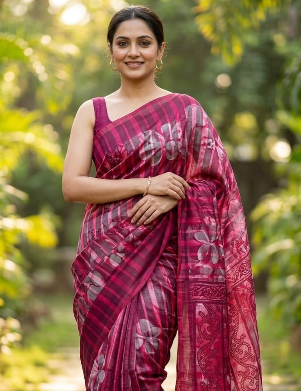Crimson & Wine Striped Georgette Saree with Overlaid Shadow Florals