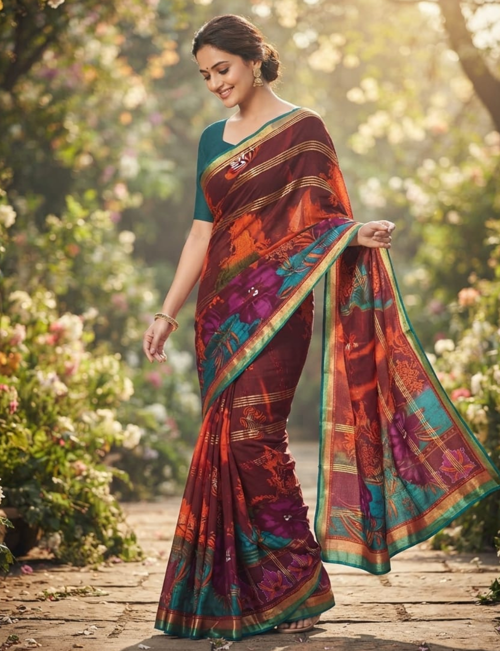 Multicolor Cotton Sari with Floral Prints and Metallic Stripes