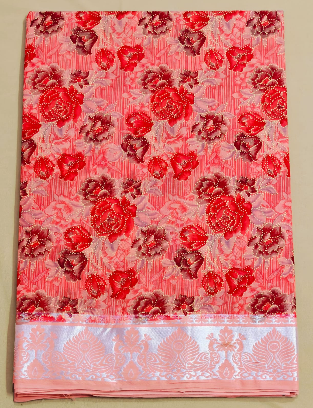 Elegant Coral Red Floral Print Cotton Saree with Silver Zari Border