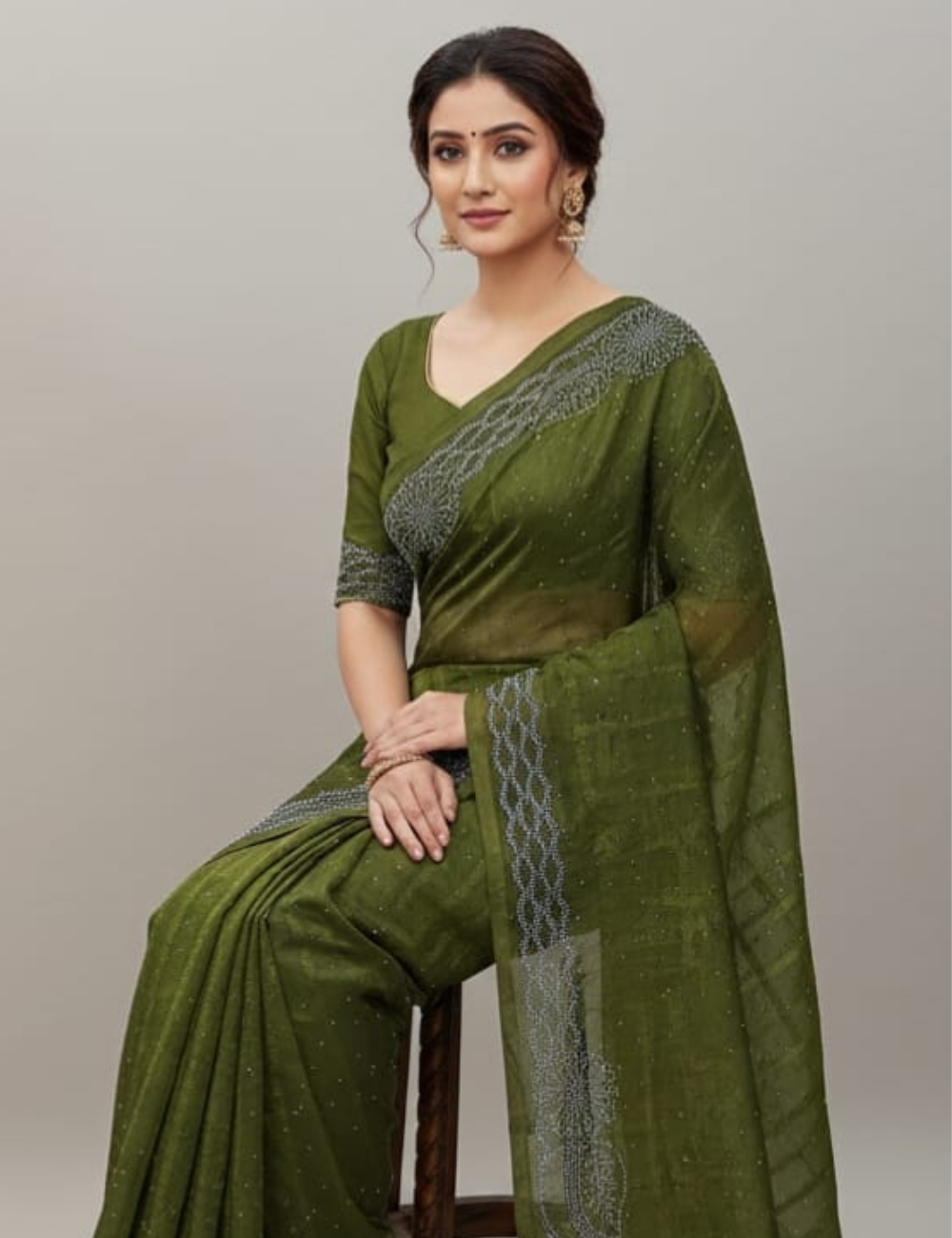 Elegant Olive Green Handcrafted Saree with Subtle Embellishments