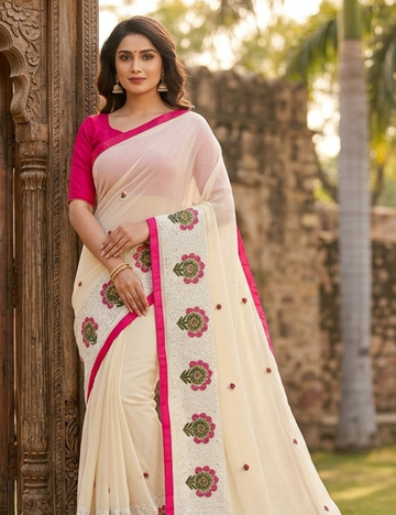 Elegant Cream Saree with Pink Floral Embroidery
