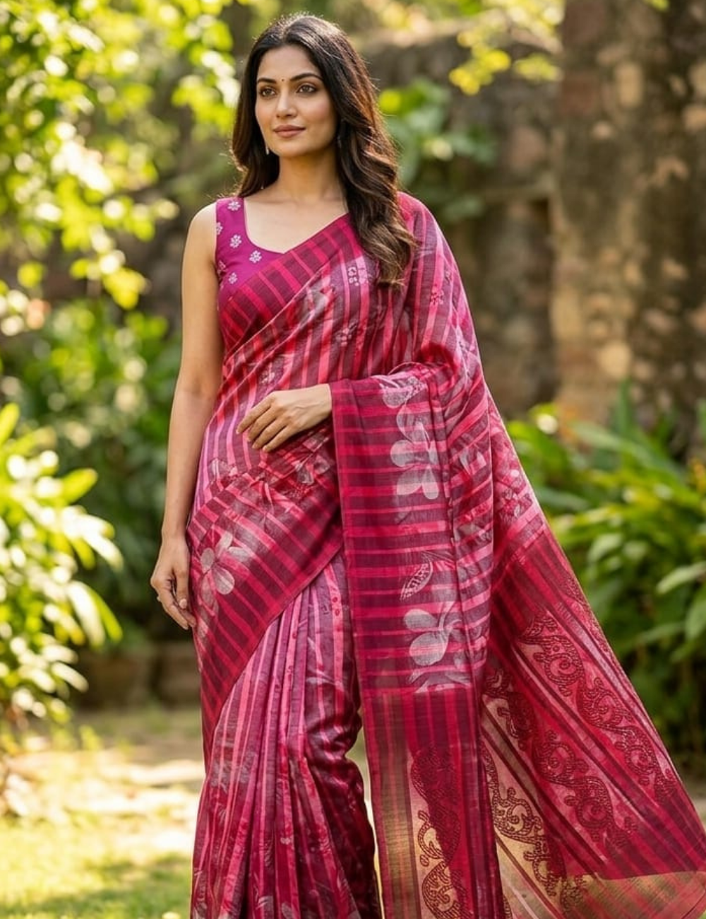 Crimson & Wine Striped Georgette Saree with Overlaid Shadow Florals