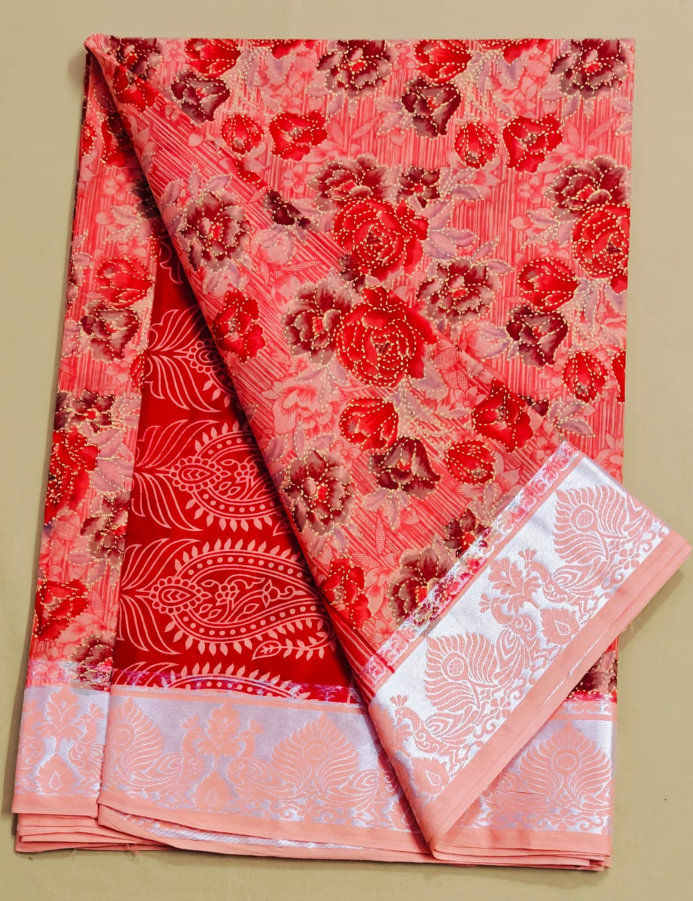 Elegant Coral Red Floral Print Cotton Saree with Silver Zari Border