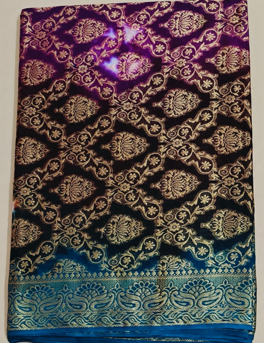 Purple and Blue Ombre Gold Foil Print Sari