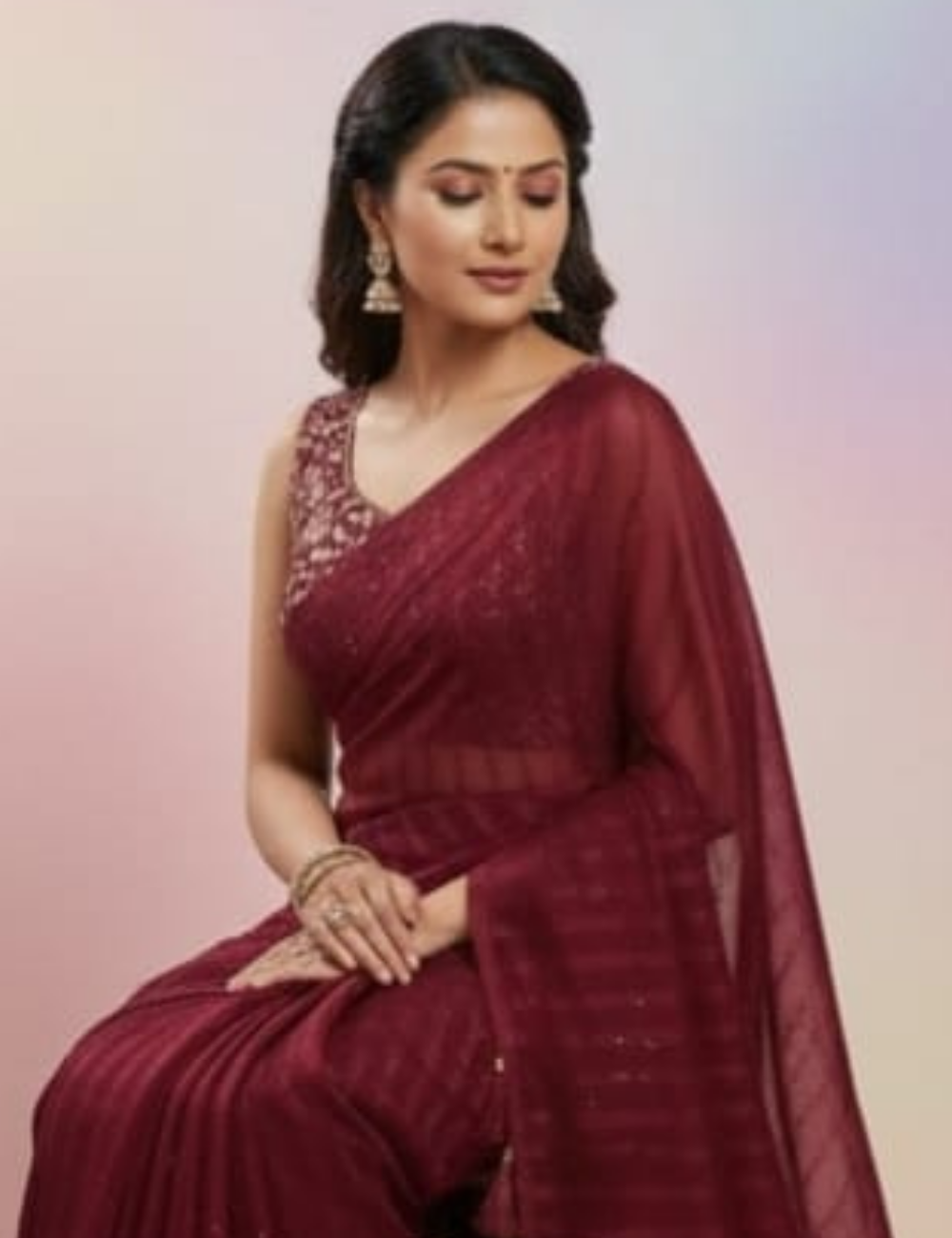 Rich Maroon Designer Saree with Stone Work and Embroidered Blouse
