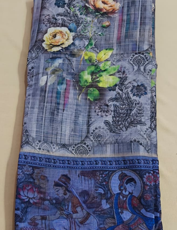 Elegant Grey Floral Digital Print Saree with Traditional Pichwai Border and Blouse