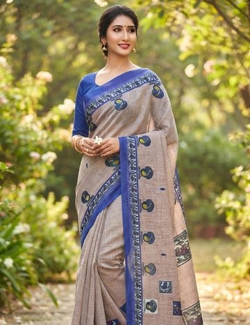 Linen Cotton Saree with Elegant Prints and Metallic Accents
