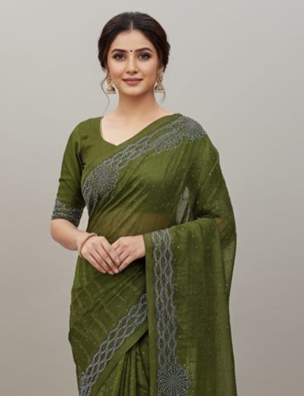 Elegant Olive Green Handcrafted Saree with Subtle Embellishments