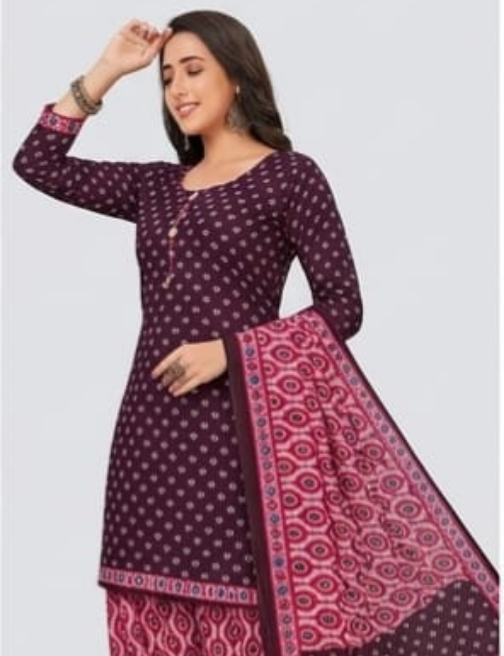 Elegant Deep Plum Patiala Kurta Suit with Geo-Print Accents