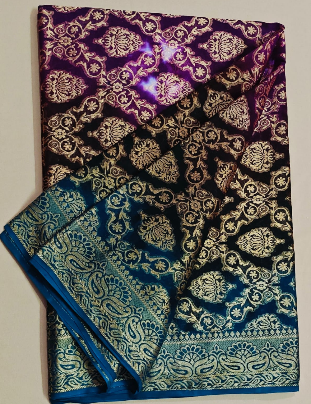 Purple and Blue Ombre Gold Foil Print Sari