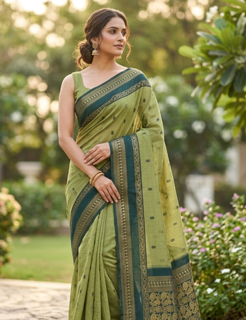 Olive Green & Deep Teal Cotton Saree with Zari Butis and Traditional Paisley Pallu