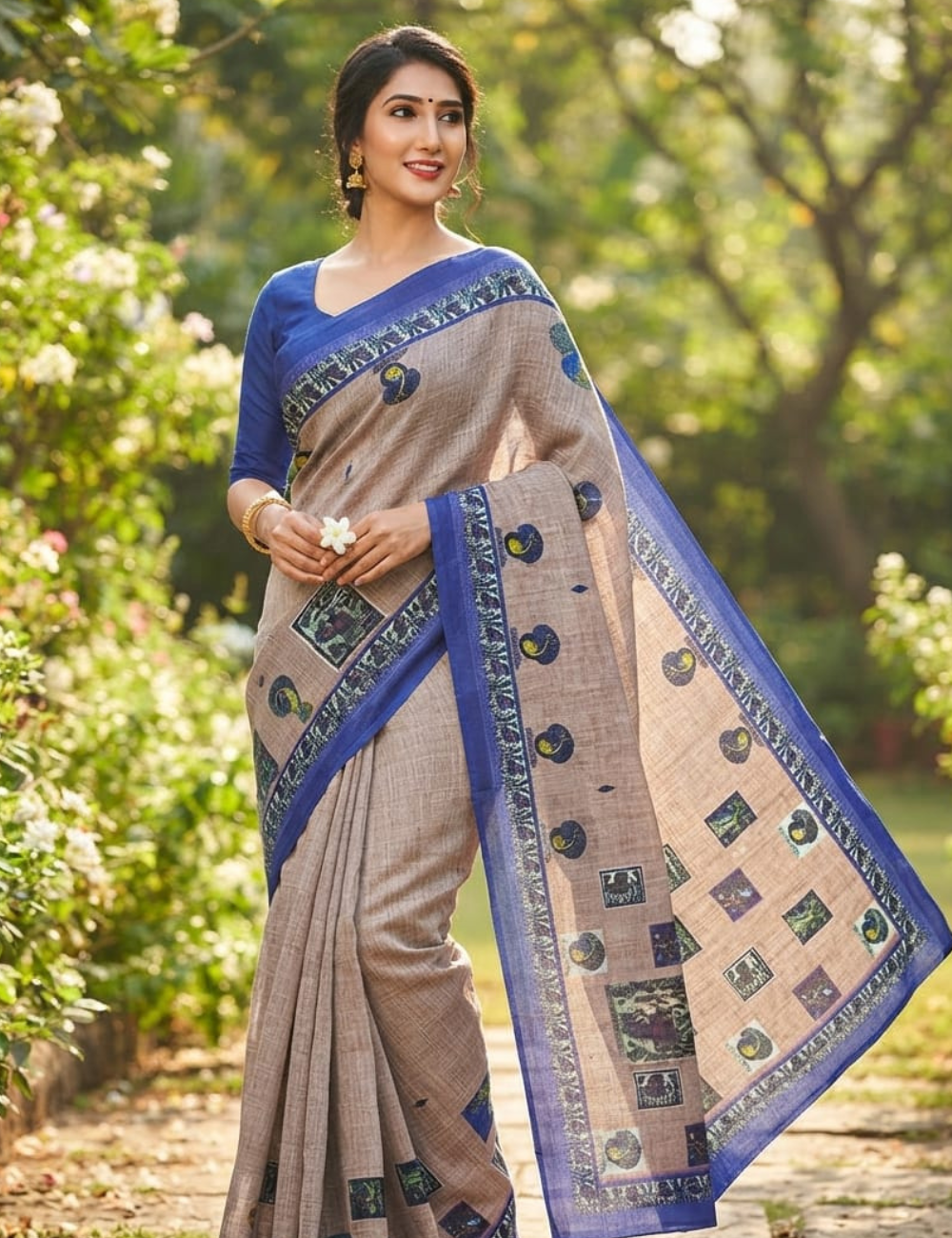 Linen Cotton Saree with Elegant Prints and Metallic Accents