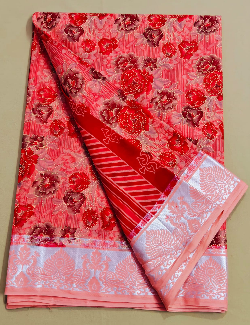 Elegant Coral Red Floral Print Cotton Saree with Silver Zari Border