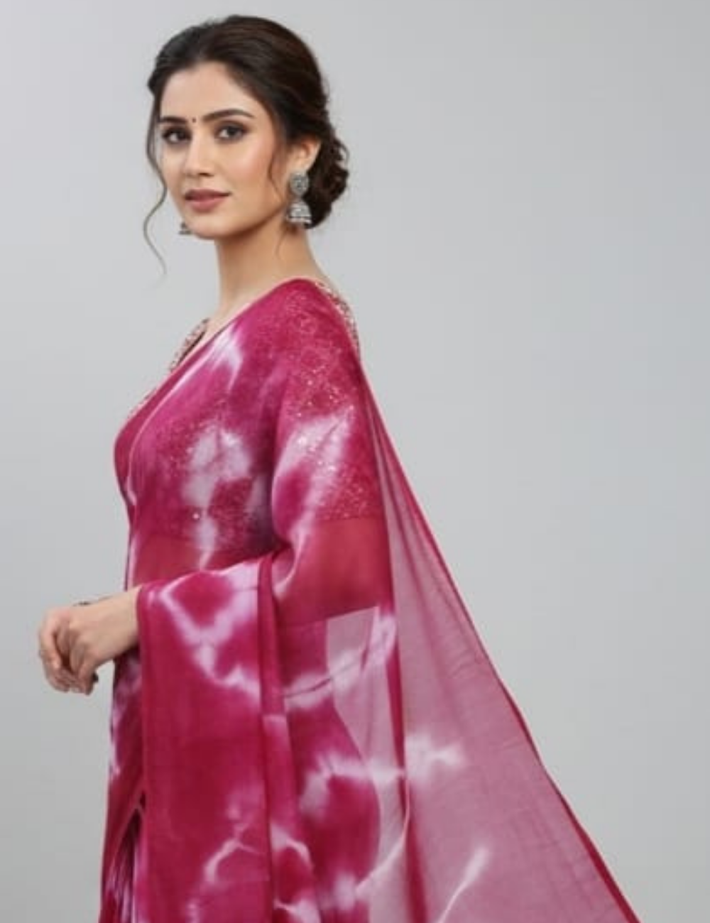 Vibrant Pink Tie-Dye Saree with Designer Blouse