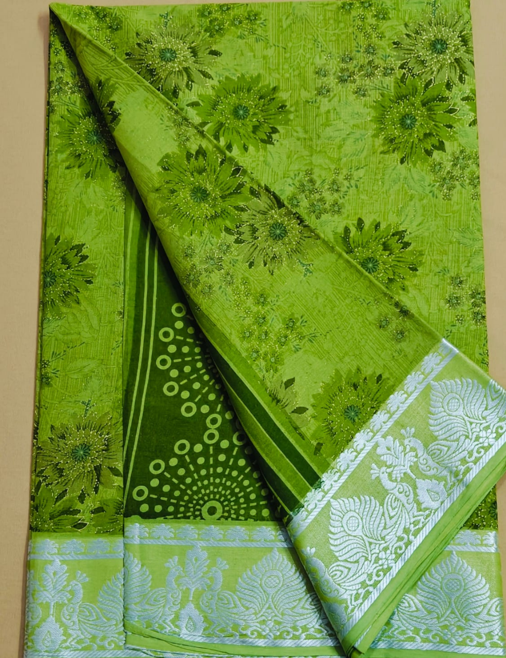 Vibrant Green Floral Print Cotton Saree with Silver Zari Border