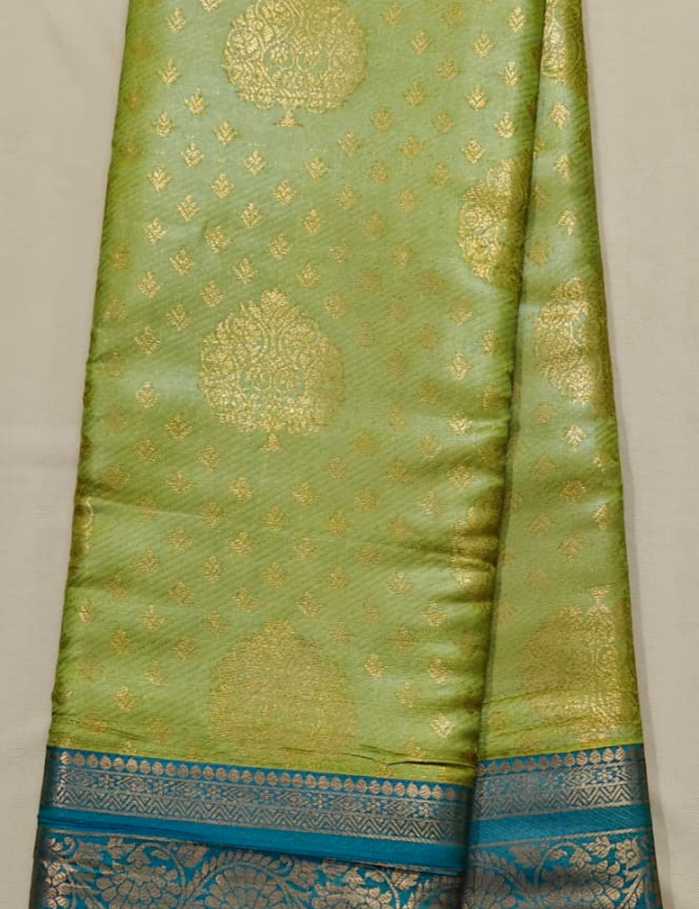 Light Green and Blue Woven Zari Sari