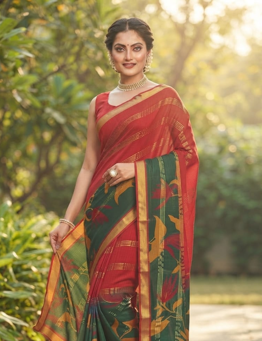 Teal and Pink Cotton Sari with Large Abstract Motifs and Metallic Stripes