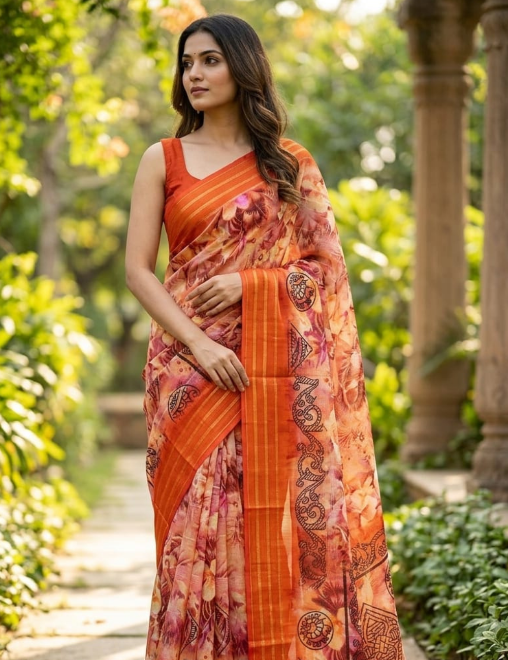 Sunset Orange Floral Georgette Saree with Metallic Stripes & Tribal Accents