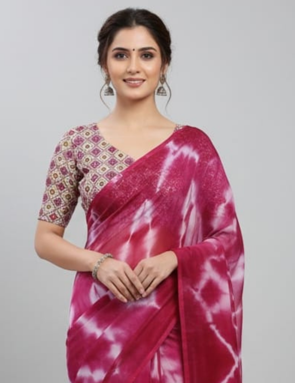 Vibrant Pink Tie-Dye Saree with Designer Blouse