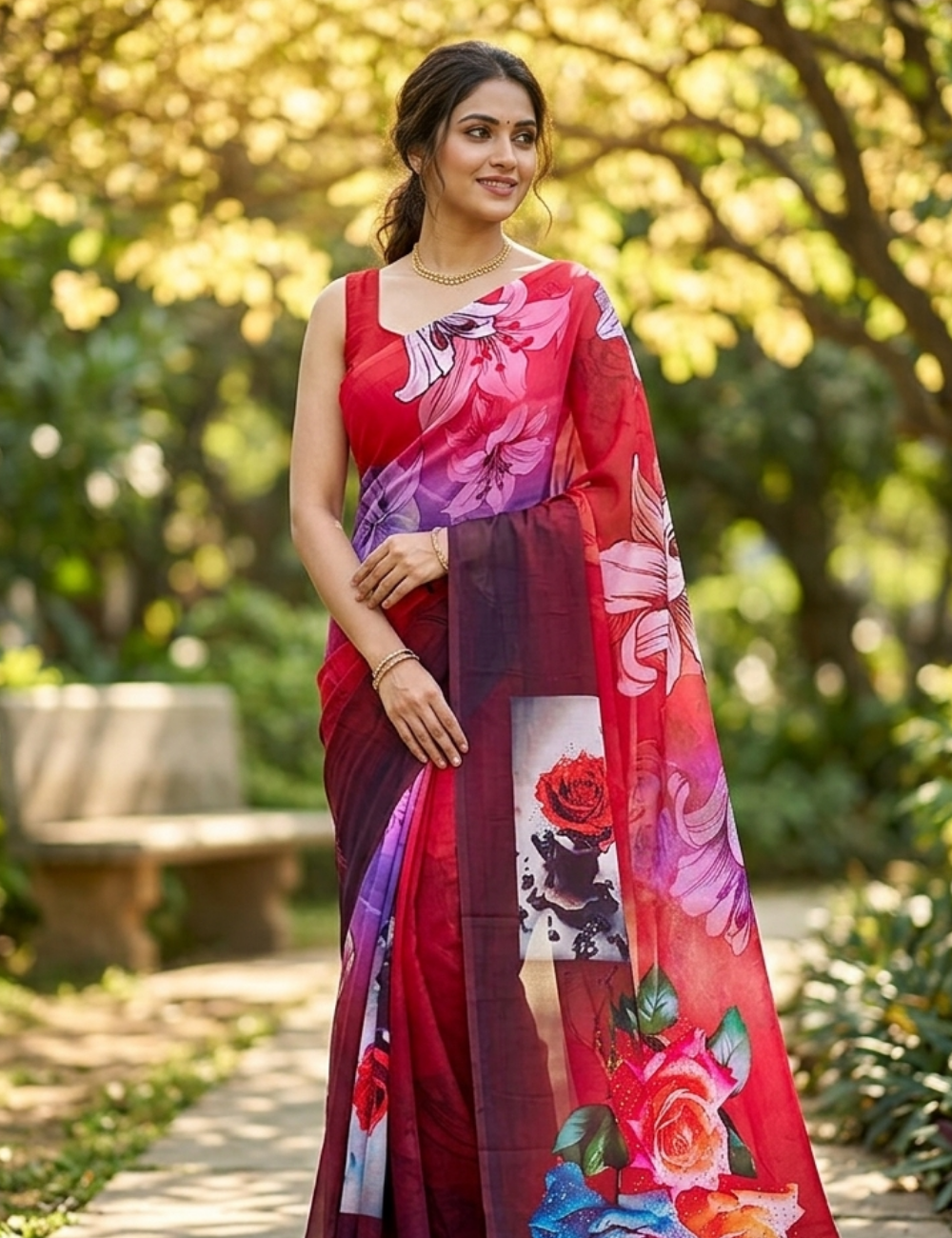 Red and Purple Saree with Large Floral Prints