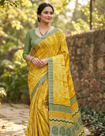 Mustard Yellow Abstract Silk Saree with Sage Green Chevron Border