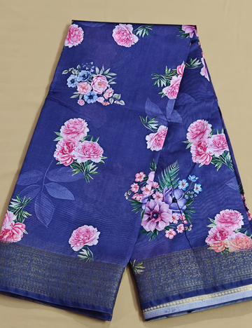 Elegant Navy Blue Floral Digital Printed Saree