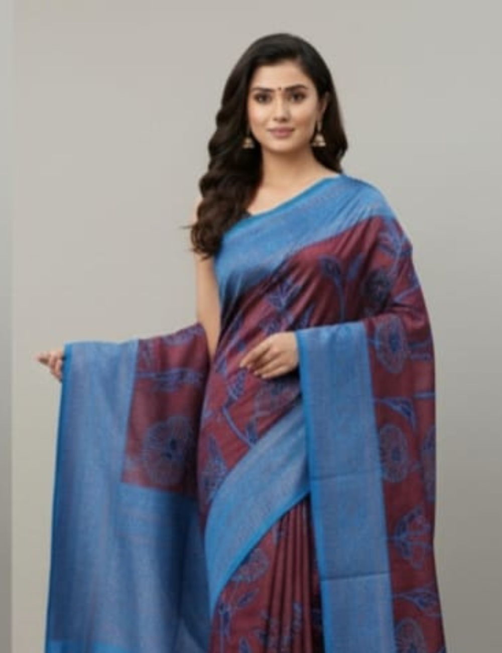 Maroon Saree with Blue Floral Design and Border