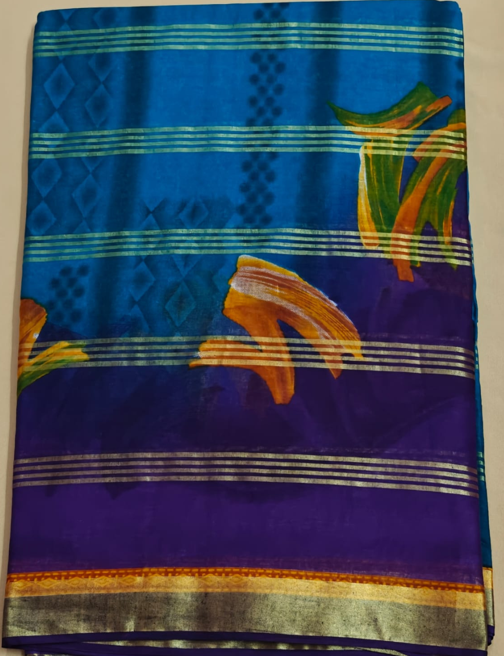 Blue and Purple Cotton Sari with Metallic Stripes and Floral Motifs