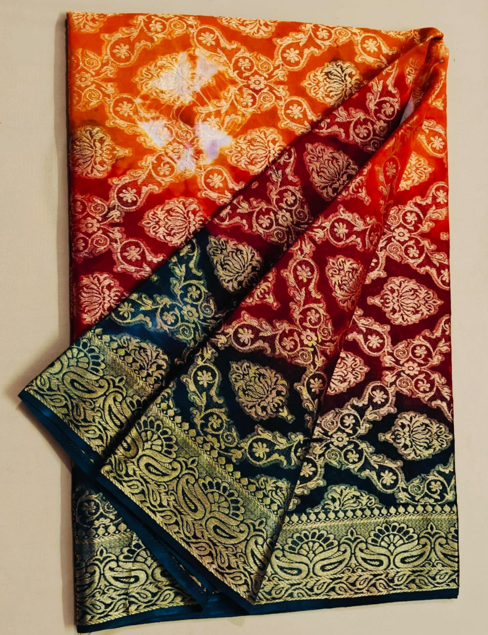 Vibrant Gradient and Gold Foil Print Sari