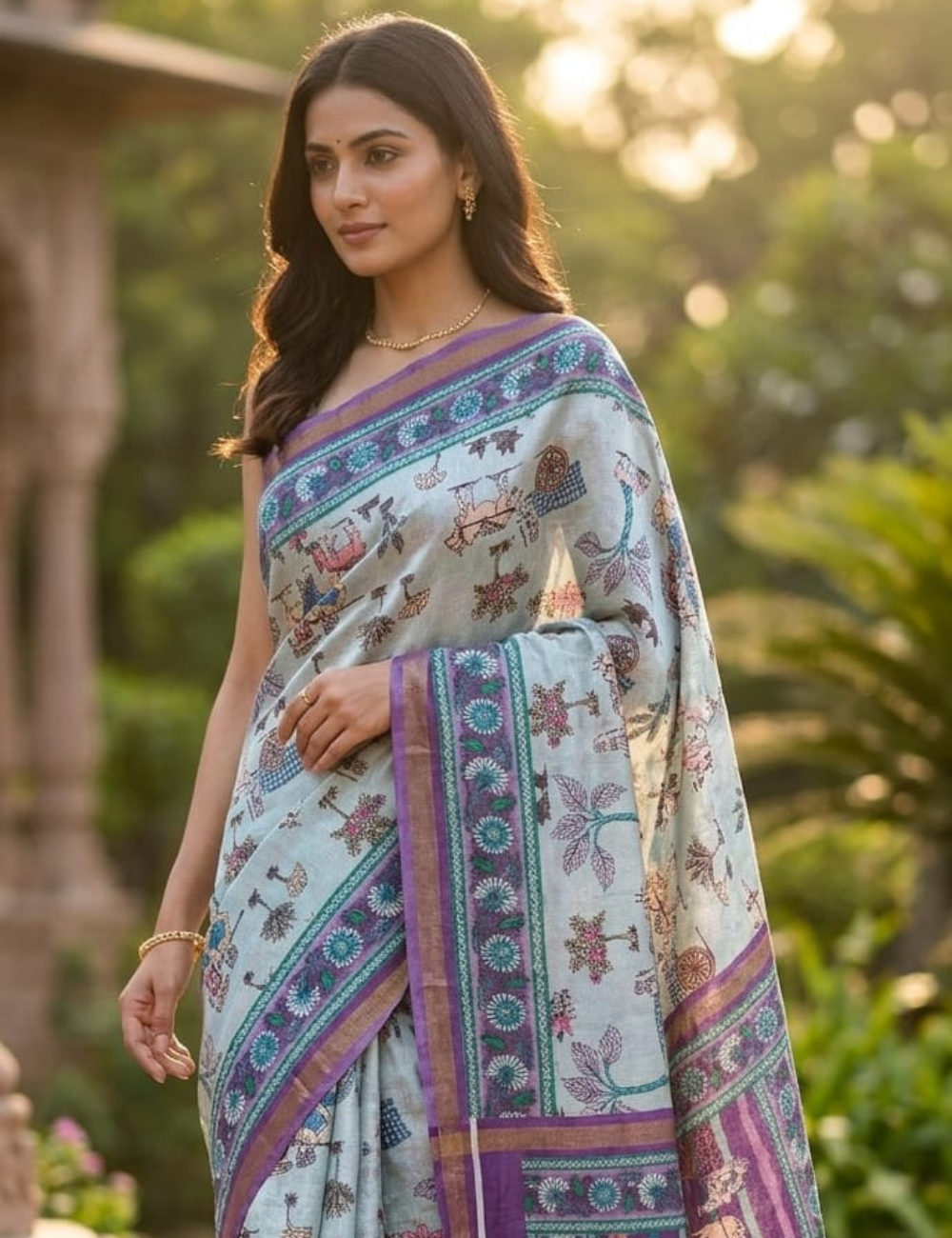 Elegant Pastel Blue Digital Print Saree with Traditional Village Art Print