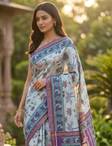 Elegant Pastel Blue Digital Print Saree with Traditional Village Art Print