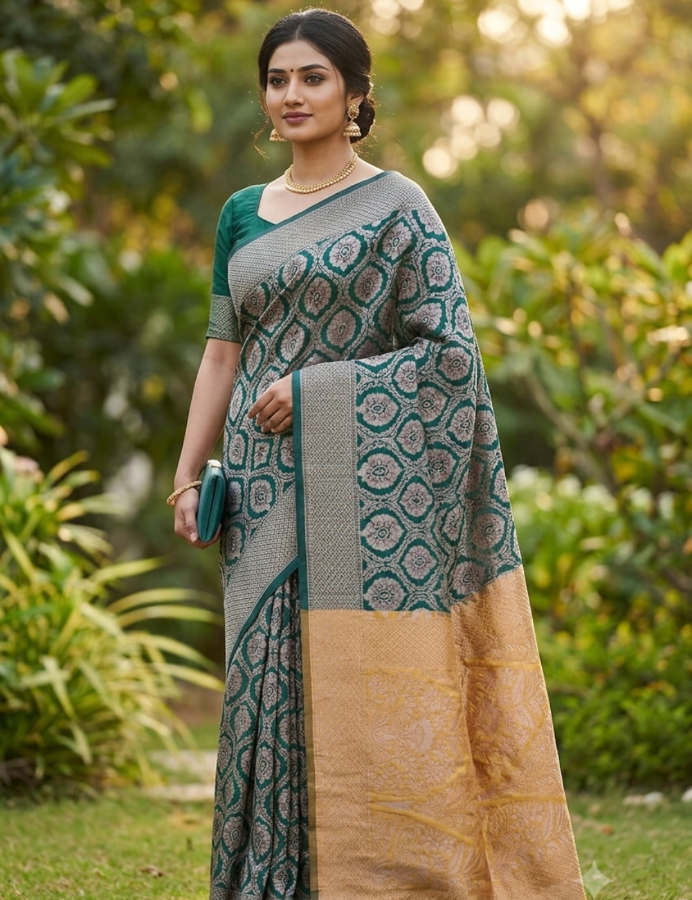 Dark Green Handwoven Silk Saree with Yellow Contrast Border