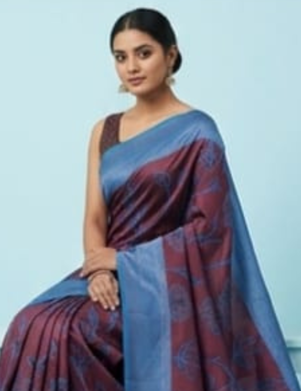 Maroon Saree with Blue Floral Design and Border