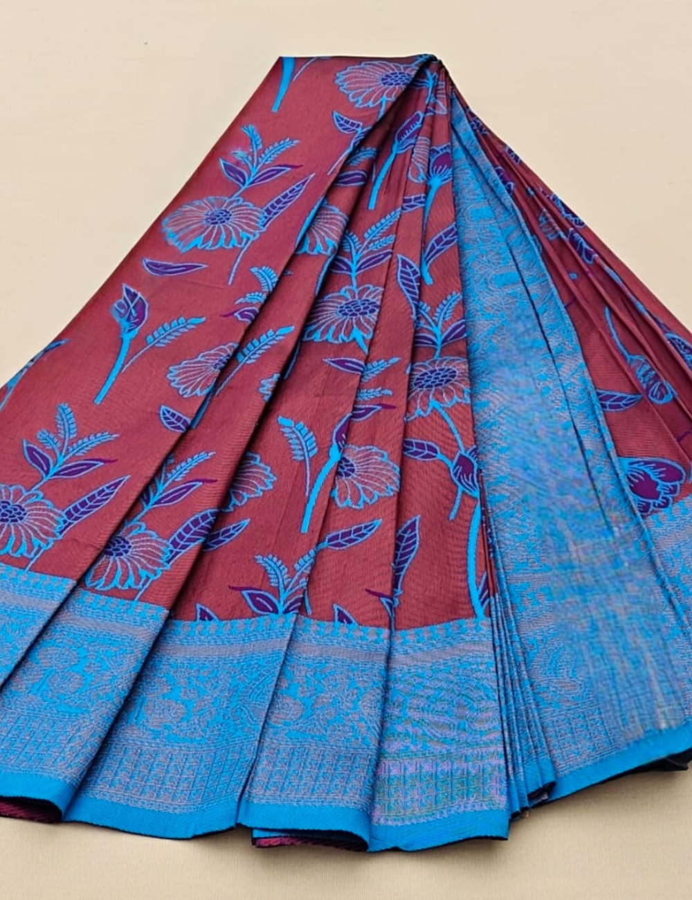 Maroon Saree with Blue Floral Design and Border
