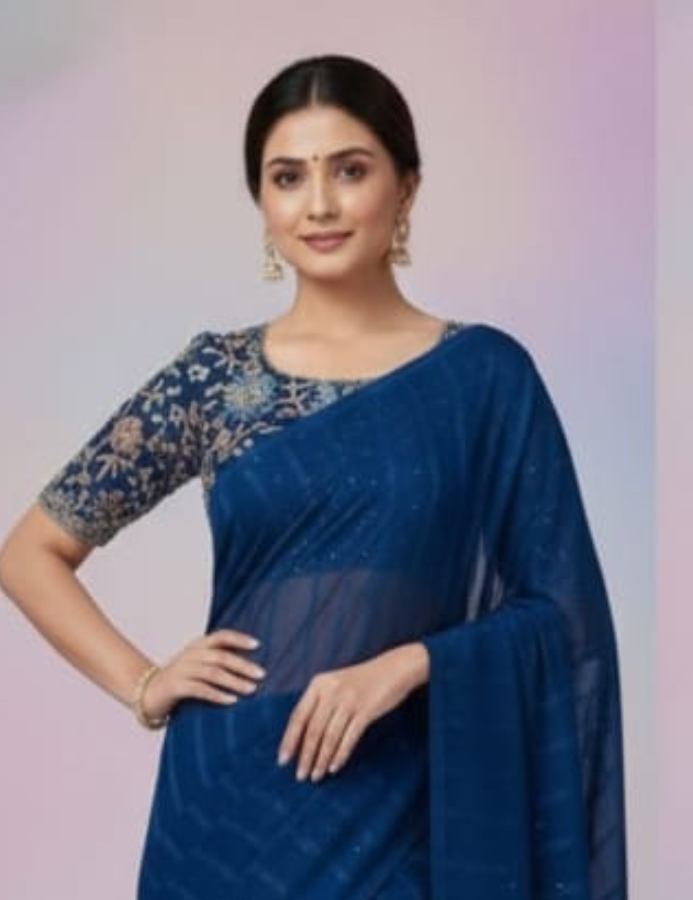 Elegant Navy Blue Saree with Embellished Floral Border