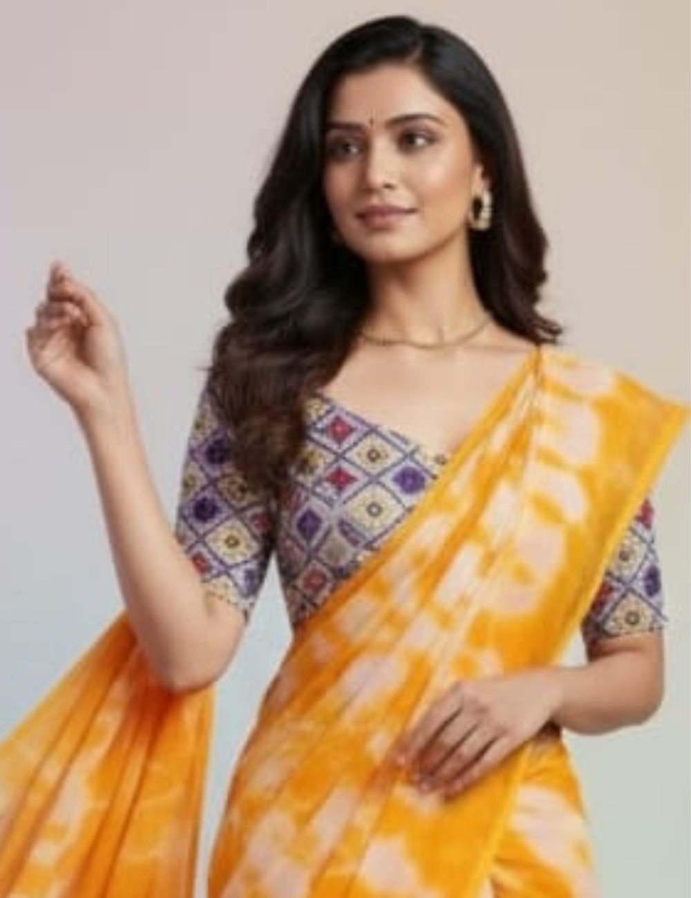 Bright Yellow Tie-Dye Saree with Tassel Border & Printed Blouse