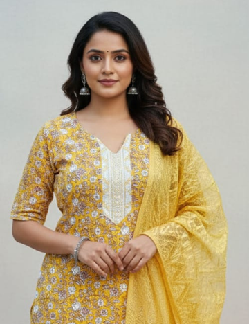 Mustard Yellow Floral Printed Kurta Set with Dupatta