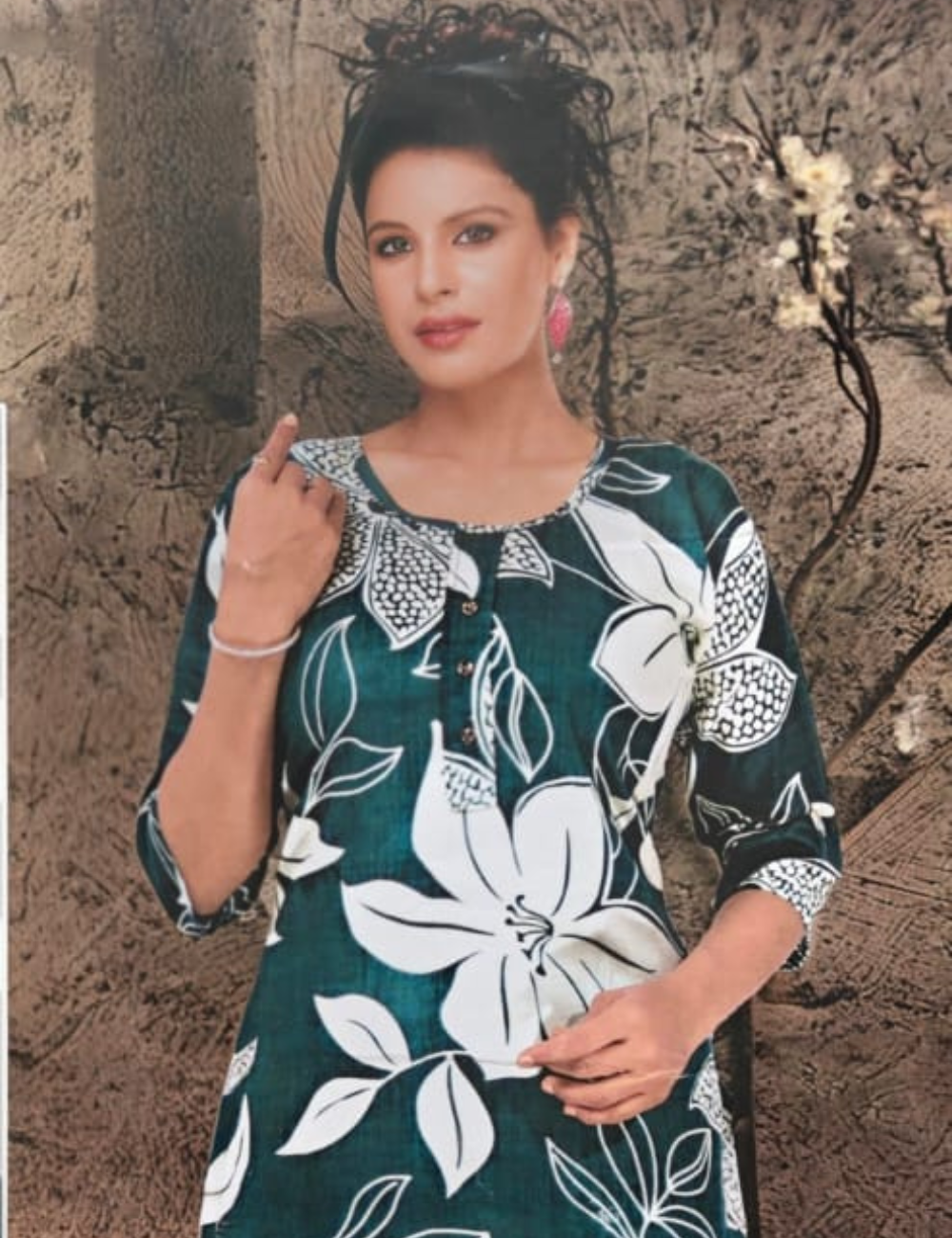 Elegant Teal Floral Printed Cotton Kurta Set