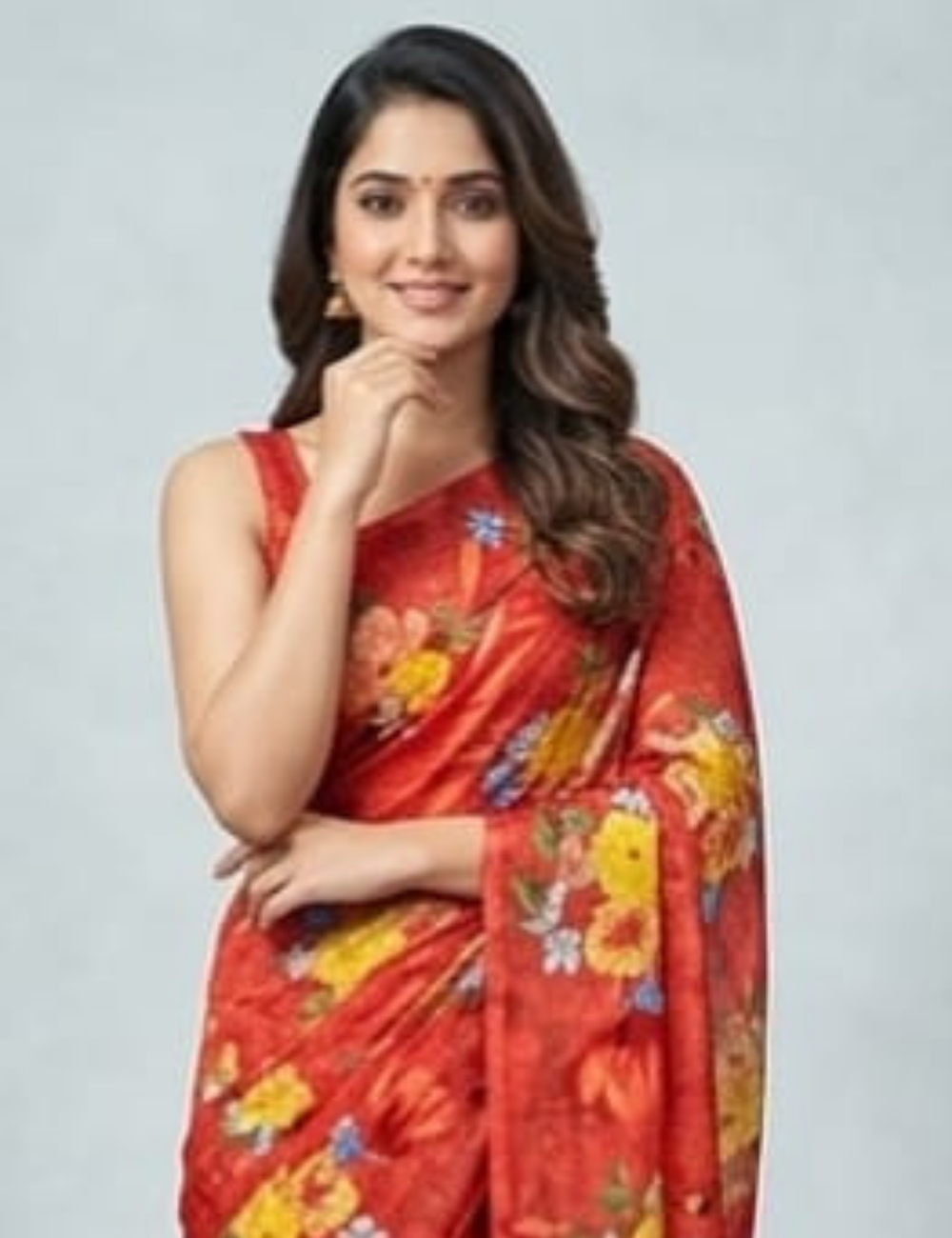 Deep Red base with Vibrant Multicolor Floral Prints Saree