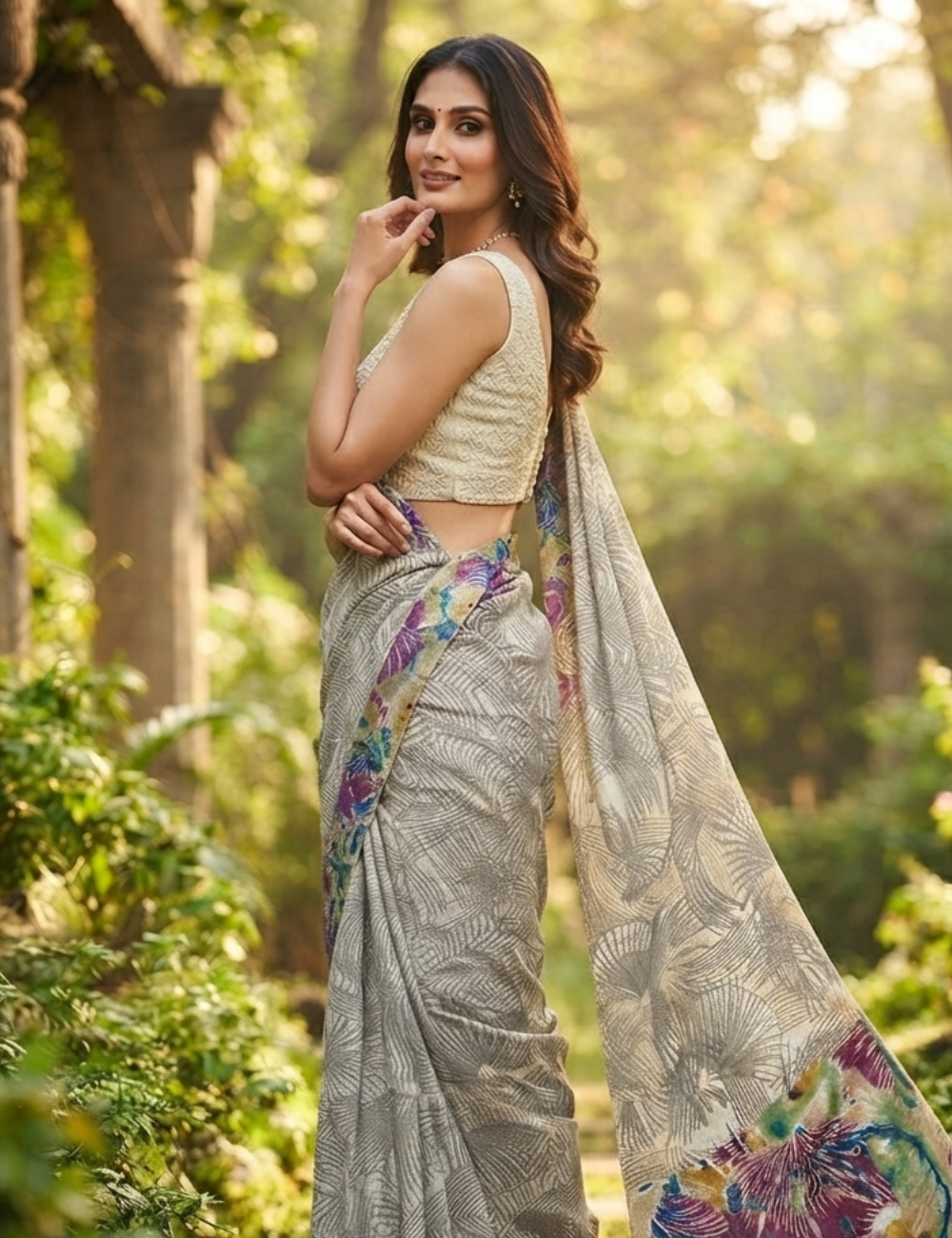 Abstract Flora Silk Saree with Graphic Fan Prints & Vibrant Border