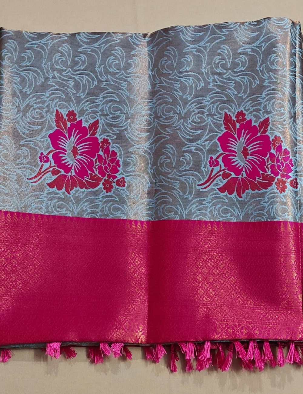 Silver Grey Floral Soft Silk Saree with Pink Border