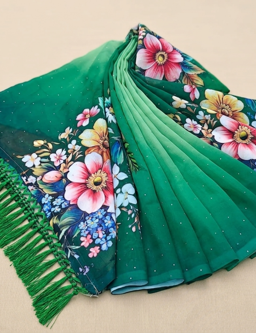 Green Floral Printed Saree with Embellished border