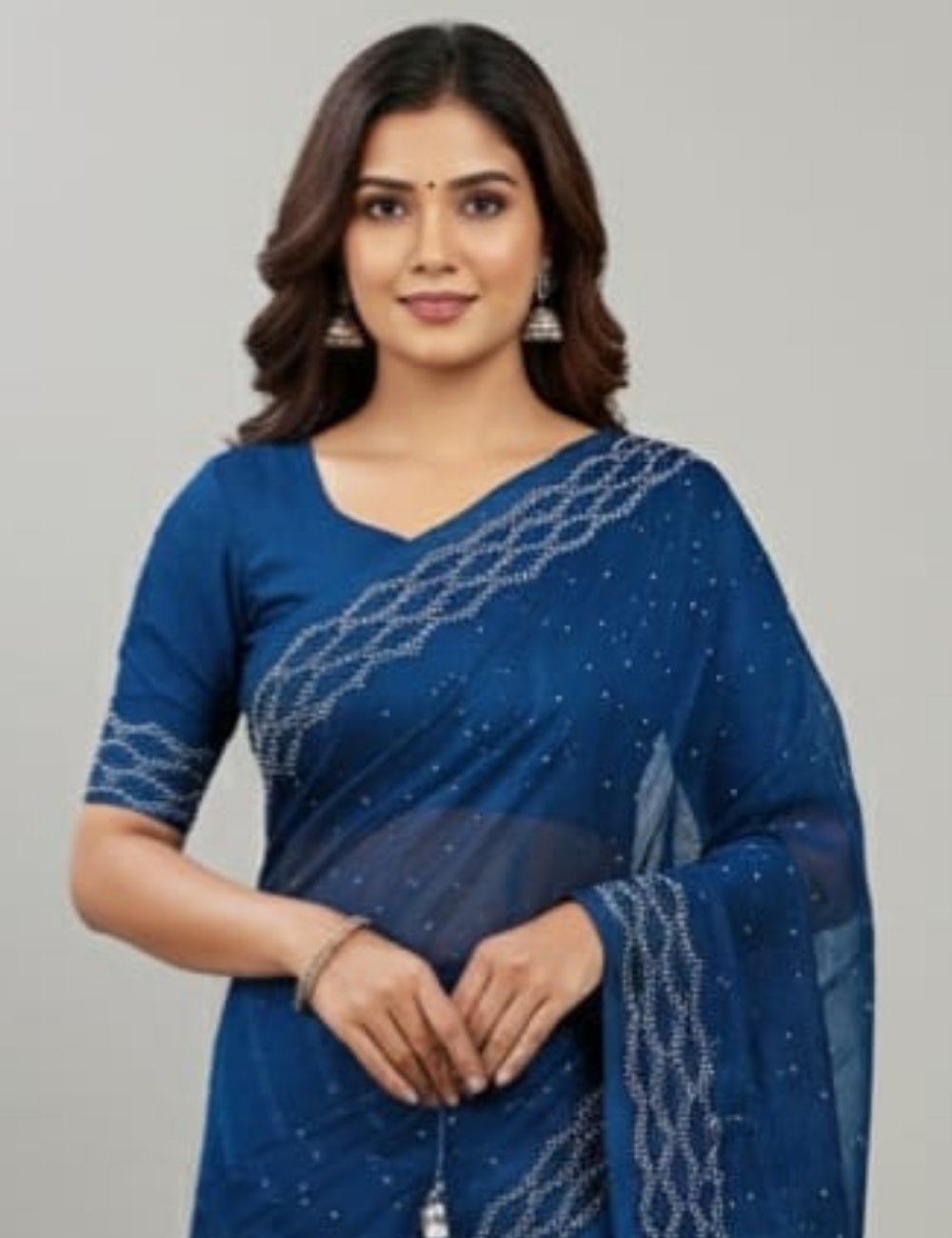 Elegant Teal Blue Saree with Delicate White Stonework Design