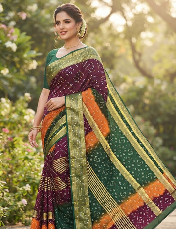 Multi-Tone Bandhani Gradient Sari with Zari Stripes