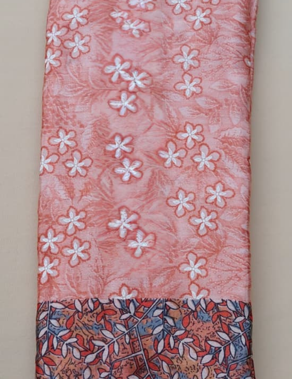 Blush Peach Floral Silk Saree with Geometric Foliage Border