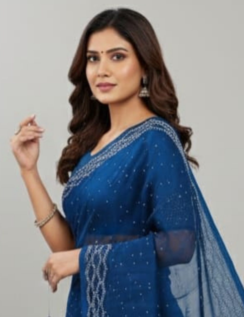Elegant Teal Blue Saree with Delicate White Stonework Design