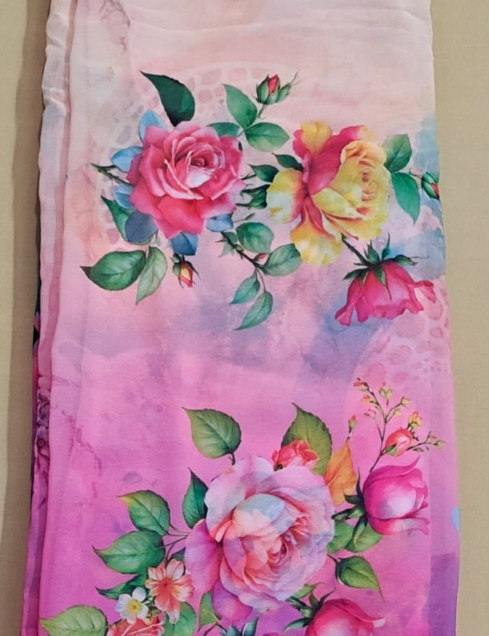 Blush & Magenta Rose Bouquet Georgette Saree with Watercolor Ombré Effect